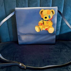 Dissona Blue Leather Teddy Bear Shoulder Bag – 10” Wide. Chic & Playful